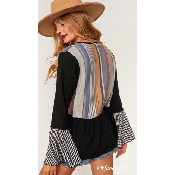 LAST 1! V Neck So Soft Multi Color Block French Terry Ruffle Sleeves and Hem Top - Picture 6 of 8